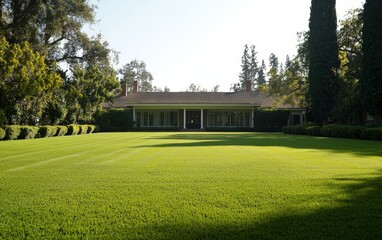 Fototapeta premium A well-manicured lawn in front of a house, with bright green grass and a clear sky