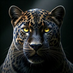 intense closeup of black and yellow leopard with bright eyes and whiskers  in the dark
