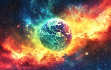 An artistic representation of a geomagnetic storm affecting the Earths poles, with vibrant colors in the sky