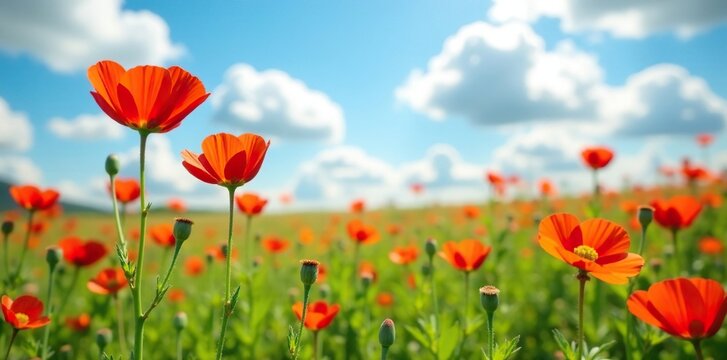 Scarlet globemallow growing in a sunny meadow, flowers, globemallow, sky