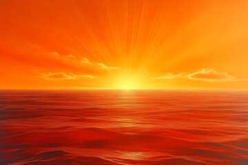 Obraz premium Red sunset with burning clouds over the sea, golden rays of light, and an orange sun in the background, creating a beautiful and fantastical landscape of heaven.