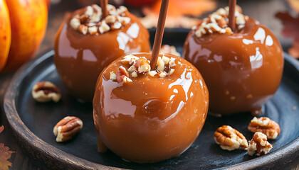 Homemade Caramel Apples on a Stick for Halloween. Organic Snack - Caramel Apples with Walnuts