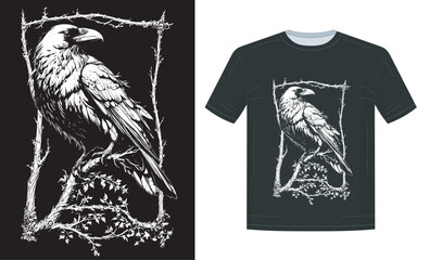 crows on twig grunge vector black and white silhouette, design for tshirt, poster, etc