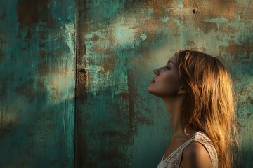 Fototapeta premium Woman, long hair, profile, textured background, sunlight.