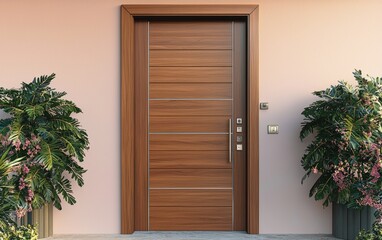 A solid wooden entrance door with clean lines and high-quality metallic handles, isolated on a muted beige background