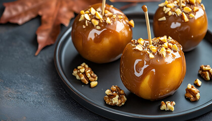 Homemade Caramel Apples on a Stick for Halloween. Organic Snack - Caramel Apples with Walnuts