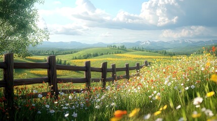 Fototapeta premium A peaceful countryside scene with rolling hills, wildflowers, and a rustic wooden fence