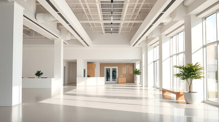 Fototapeta premium Sunlit Modern Office Interior: Minimalist Design and Bright White Space. Clean lines, elegant architecture, and potted plants create a peaceful and productive atmosphere.
