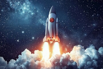 A rocket, taking off into space. Smoke is coming out from the engines, and there are white clouds around it, against a space background. 