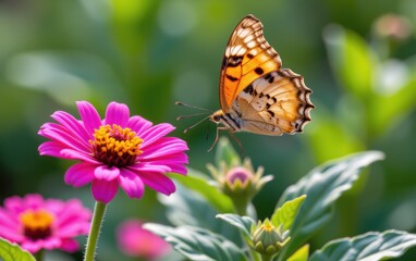 Fototapeta premium A vibrant butterfly with intricate wing patterns delicately lands in warm sunlight.