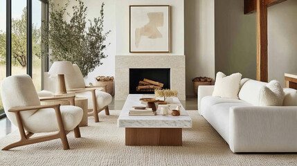 Modern living room with cozy furniture, natural light, and minimalist decor. space features white sofa, armchairs, marble coffee table, and greenery, creating serene atmosphere