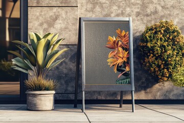 A modern A-frame sidewalk signboard mockup with a metallic frame and customizable poster insert.