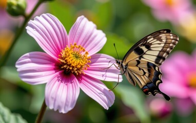Fototapeta premium A vibrant butterfly with intricate wing patterns delicately lands in warm sunlight.
