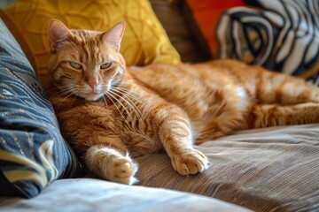 Orange cat laying on couch with pillows.