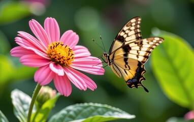 A vibrant butterfly with intricate wing patterns delicately lands in warm sunlight.
