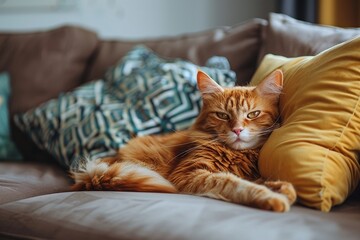 Orange cat laying on couch with pillows.