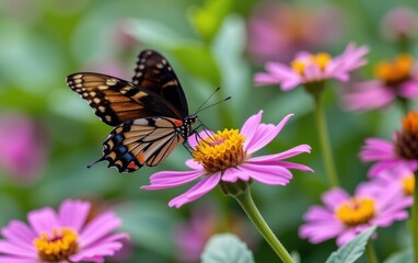 A vibrant butterfly with intricate wing patterns delicately lands in warm sunlight.