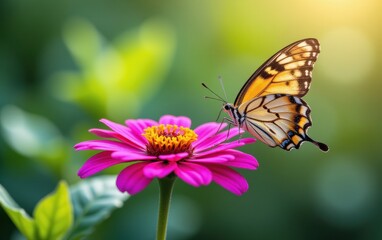 A vibrant butterfly with intricate wing patterns delicately lands in warm sunlight.