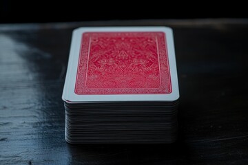 Stacked deck of playing cards, red patterned back.