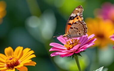 A vibrant butterfly with intricate wing patterns delicately lands in warm sunlight.
