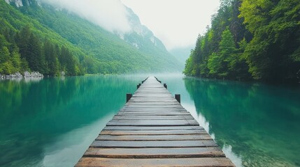 Fototapeta premium Serene Mountain Lake Wooden Dock: A Misty Morning