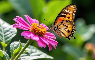 Fototapeta premium A vibrant butterfly with intricate wing patterns delicately lands in warm sunlight.