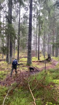 man hiking in the woods with his dog 