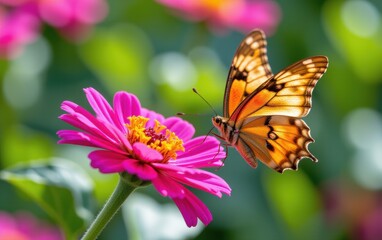 Obraz premium A vibrant butterfly with intricate wing patterns delicately lands in warm sunlight.