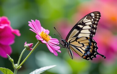 Obraz premium A vibrant butterfly with intricate wing patterns delicately lands in warm sunlight.