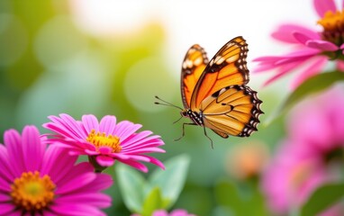 Obraz premium A vibrant butterfly with intricate wing patterns delicately lands in warm sunlight.