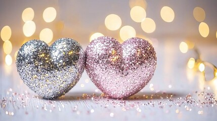 Fototapeta premium Glittering Hearts on Blurred Background