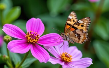 A vibrant butterfly with intricate wing patterns delicately lands in warm sunlight.