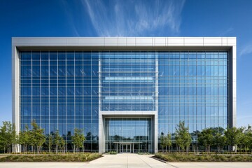 Modern architecture, commercial office building exterior design with glass curtain wall and floor-to-ceiling windows, symmetrical composition