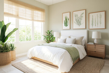 Fototapeta premium serene bedroom featuring cozy bed, green accents, and natural light. decor includes plants, framed botanical art, and warm color palette, creating calming atmosphere