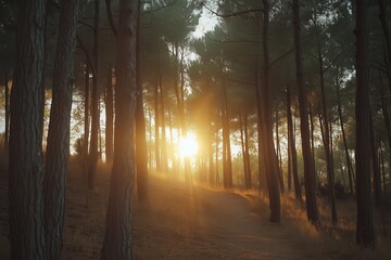 Fototapeta premium Sunlight filtering through pine forest in the late afternoon