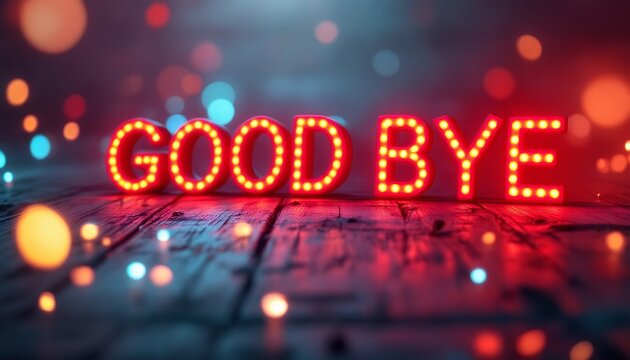 Farewell Message: Glowing 'Goodbye' Sign on Rustic Wooden Surface