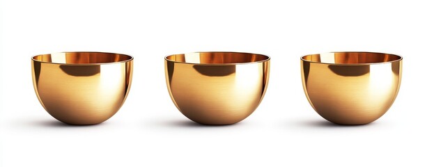 Three golden hemispherical bowls on white background.