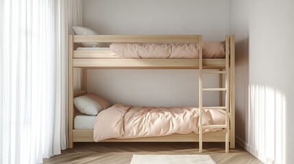 Cozy wooden bunk bed in a serene room.