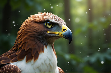 Close-up portrait of a majestic hawk with vibrant feathers in a forest setting