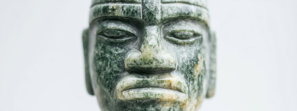 Close-up of an ancient Olmec-style jade mask with detailed carvings and a serene expression on a neutral background.