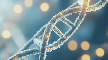 close up view of DNA double helix structure with glowing elements, symbolizing genetics and molecular biology. background features soft bokeh lights, enhancing scientific theme