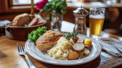 German cuisine menu or price cards for restaurant. Vector lunch offer of Germany traditional stuffed herring, sausage or bacon soup and cabbage salad, almond crumbs cake, Bavarian steak and beer stuff