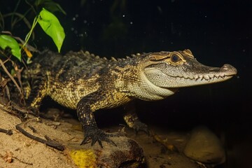 A spectacular image of a black caiman lurking in the dark waters of the Amazon River