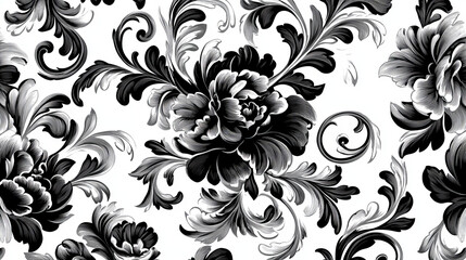 Fototapeta premium Dainty scrolling black and white floral element with a repeat enlarged design in grey behind it for an elegant vintage effect, vector illustration