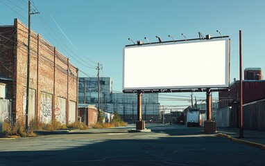 Fototapeta premium A mockup of a billboard on a busy street in an industrial area, with an empty section for text, surrounded by warehouses