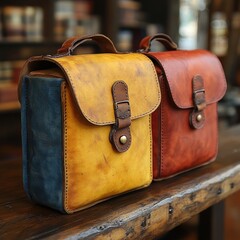 Two handcrafted leather bags on wood.