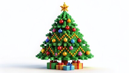 Obraz premium Bright Pixel Art Christmas Tree, Colorful Festive Holiday Decoration, White Background