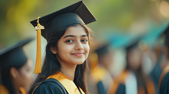 Candid photo of a young Indian female graduate student wearing a cap and gown at a graduation ceremony