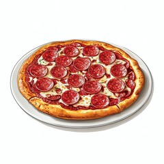 Cartoon vector style drawing of pizza with pepperoni, top view, white background