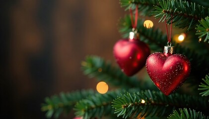 Fototapeta premium Twinkling red heart ornaments on a fir branch, , holiday decor